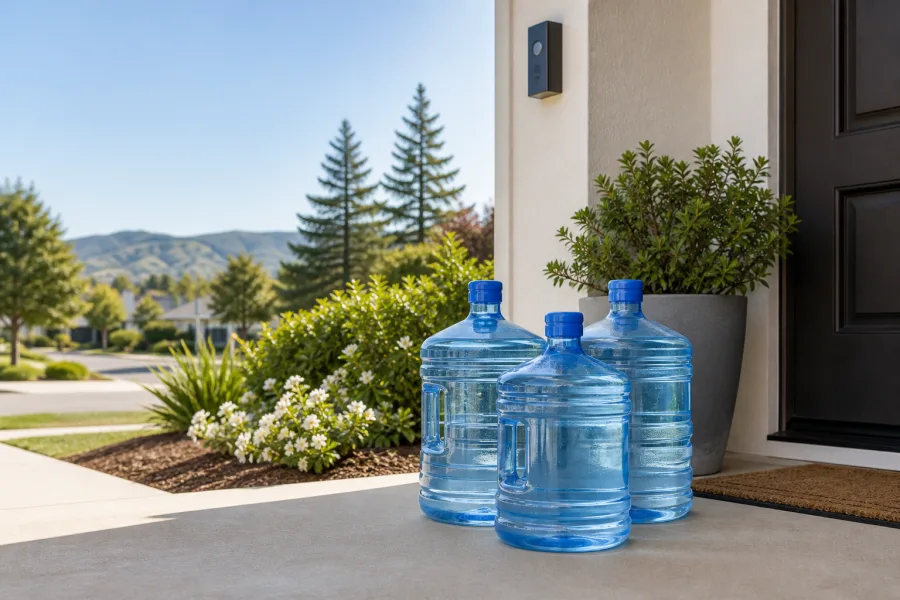 Water delivery bottles on a doorstep